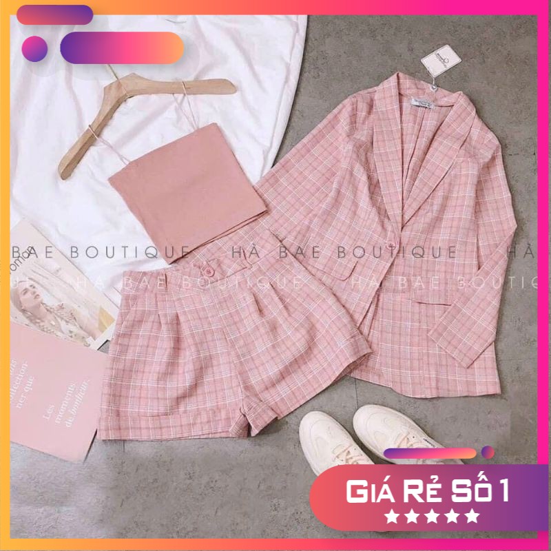 SÉT BỘ 3 MÓN ÁO THUN 2 DÂY & ÁO KHOÁC CARO DÀI TAY & QUẦN NGẮN THỜI TRANG NỮ