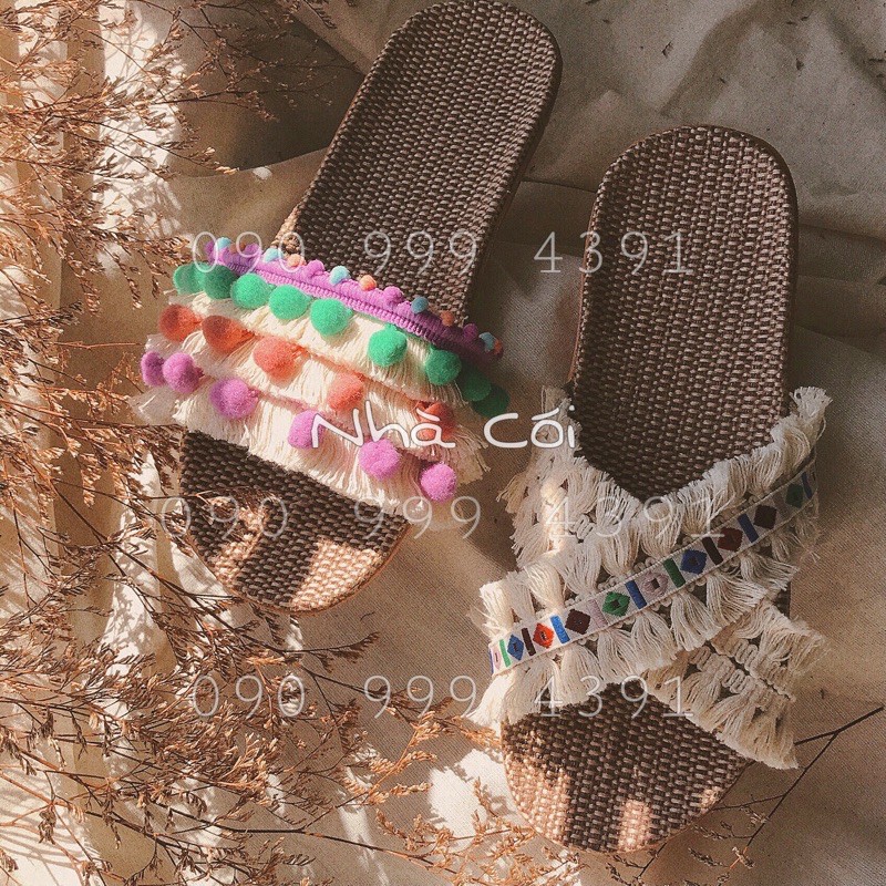 Dép cói Tua rua Tuyết dễ thương siêu nhẹ đi du lịch