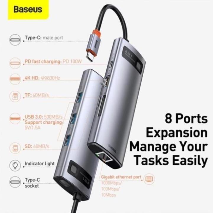 Hub Type C Baseus 8 in 1 cho Laptop Macbook Máy Tính ( Usb Type-C chia sang HDMI 4K / 8k USB3.0/ LAN / PD 100W/TF/SD) | BigBuy360 - bigbuy360.vn