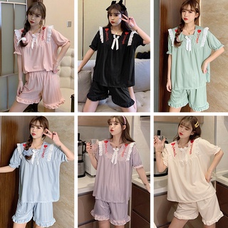 Bộ Đồ Ngủ Ngắn Tay Thêu Hình Trái Tim Dễ Thương Phong Cách Hàn Quốc Dành Cho Nữ