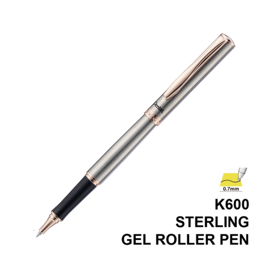 Bút Ký Pentel Cao Cấp K600 Ngòi 0.7mm Mực Xanh | Vò Màu Bạc|Có Ngòi Thay Thế | Mực Mau Khô