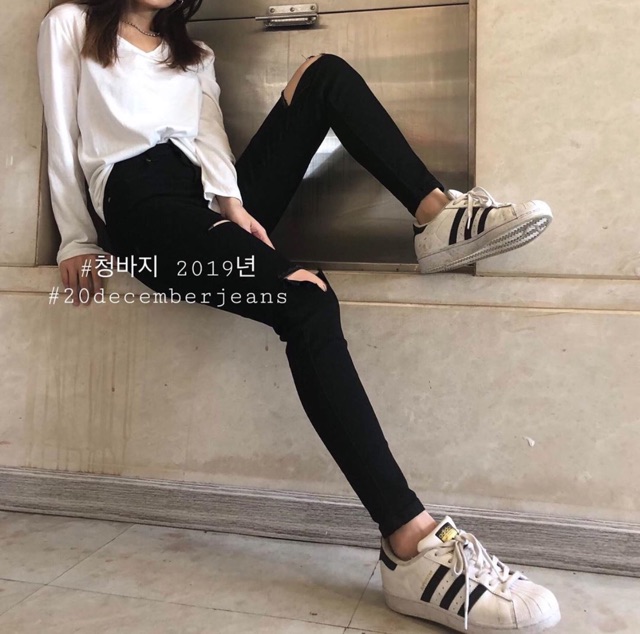 Quần jean nữ rách gối chữ thập lưng cao dáng skinny NoBrandNoCotton