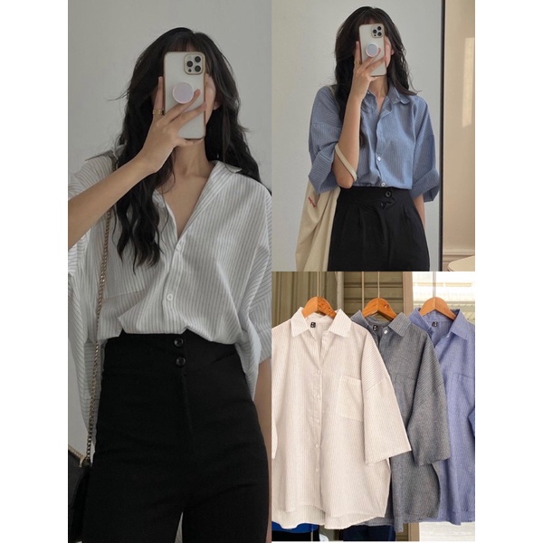 Áo Sơ Mi Kẻ Tay Lửng 3 Màu, Tay Áo Xắn Xinh