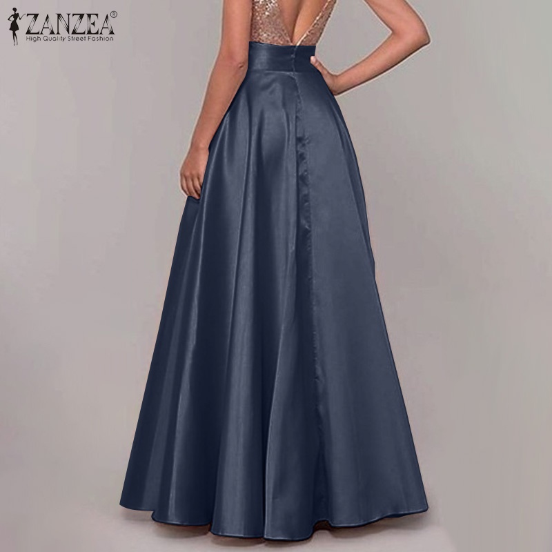Chân váy maxi ZANZEA vải satin lưng cao co giãn có khóa kéo thanh lịch cho nữ
