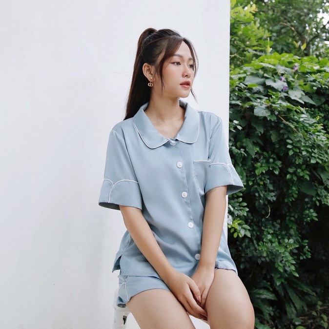 Bộ Pyjamas Nữ Mặc Nhà Áo Cộc Quần Cộc Chất Liệu Lụa Trơn Basic Nhiều Màu LILAS BLANC