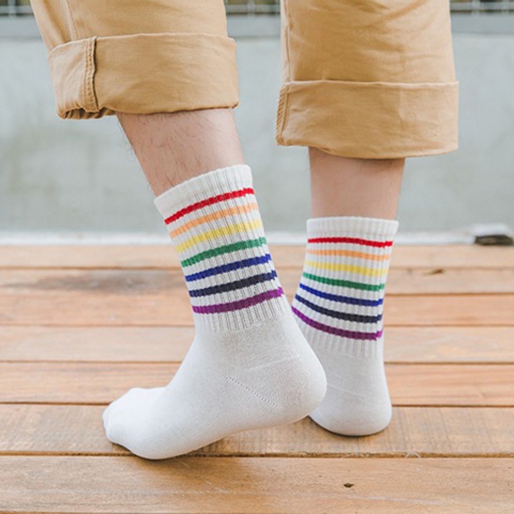 Vớ cotton cổ ngắn thoáng khí họa tiết kẻ sọc cầu vồng thời trang thu đông dành cho nam và nữ