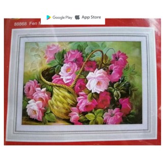 Tranh Thêu Chữ Thập Giỏ Hoa Hồng 88868 64x48cm Chưa Thêu