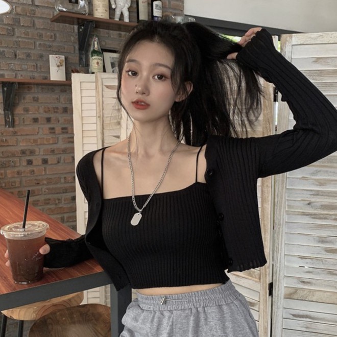 Set Áo Hai Dây + Áo Khoác Cardigan Màu Trơn Thời Trang Quyến Rũ Cho Nữ - Colory Shop