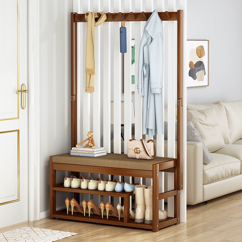 Kệ để giày dép kèm đôn ngồi nghỉ, móc treo đồ bằng gỗ tre chống ẩm, tiện lợi siêu bền thân thiện với môi trường 90x158cm