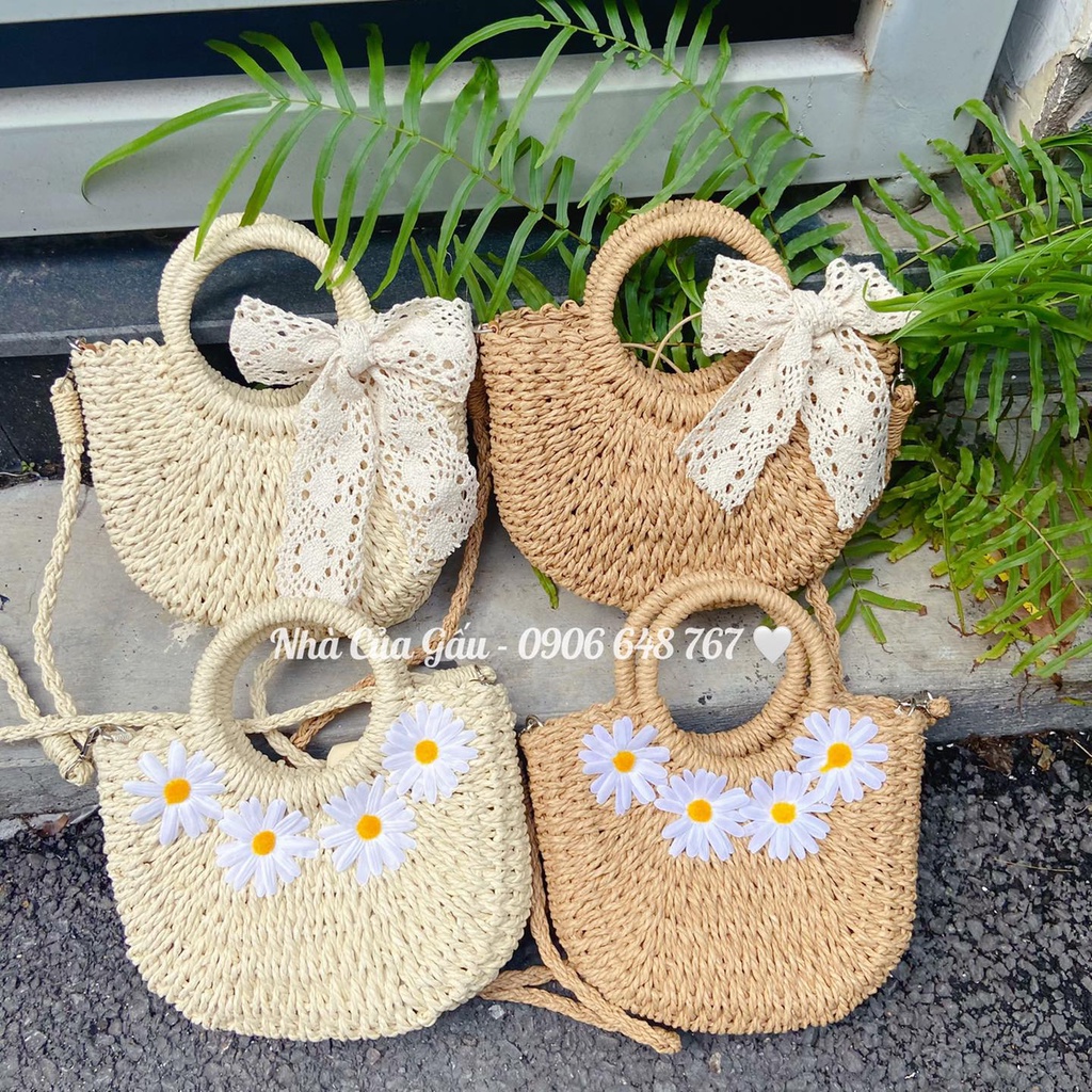 Túi cói tròn mix dây ren nơ xinh cực kỳ