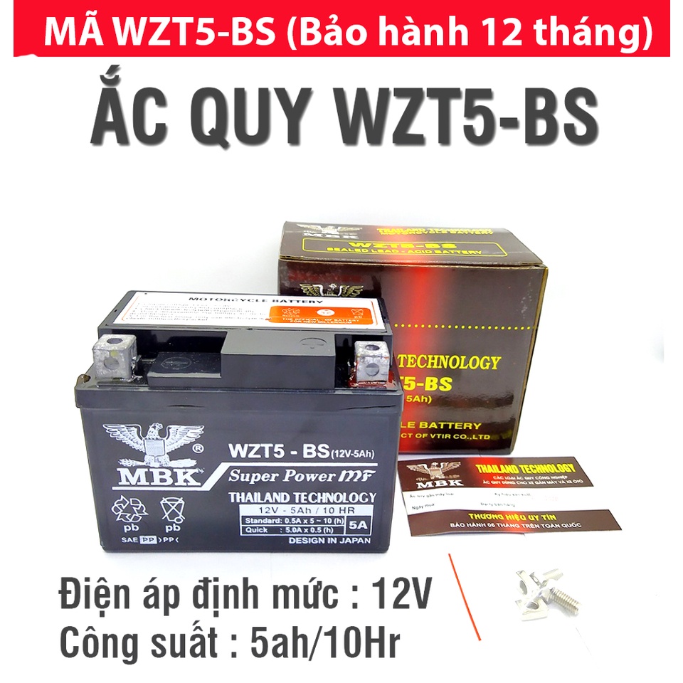 Bình ắc quy khô THAILAND WZT5 12V-5Ah kích thước ,lắp cho các xe wave,air blade... BẢO HÀNH 1 NĂM