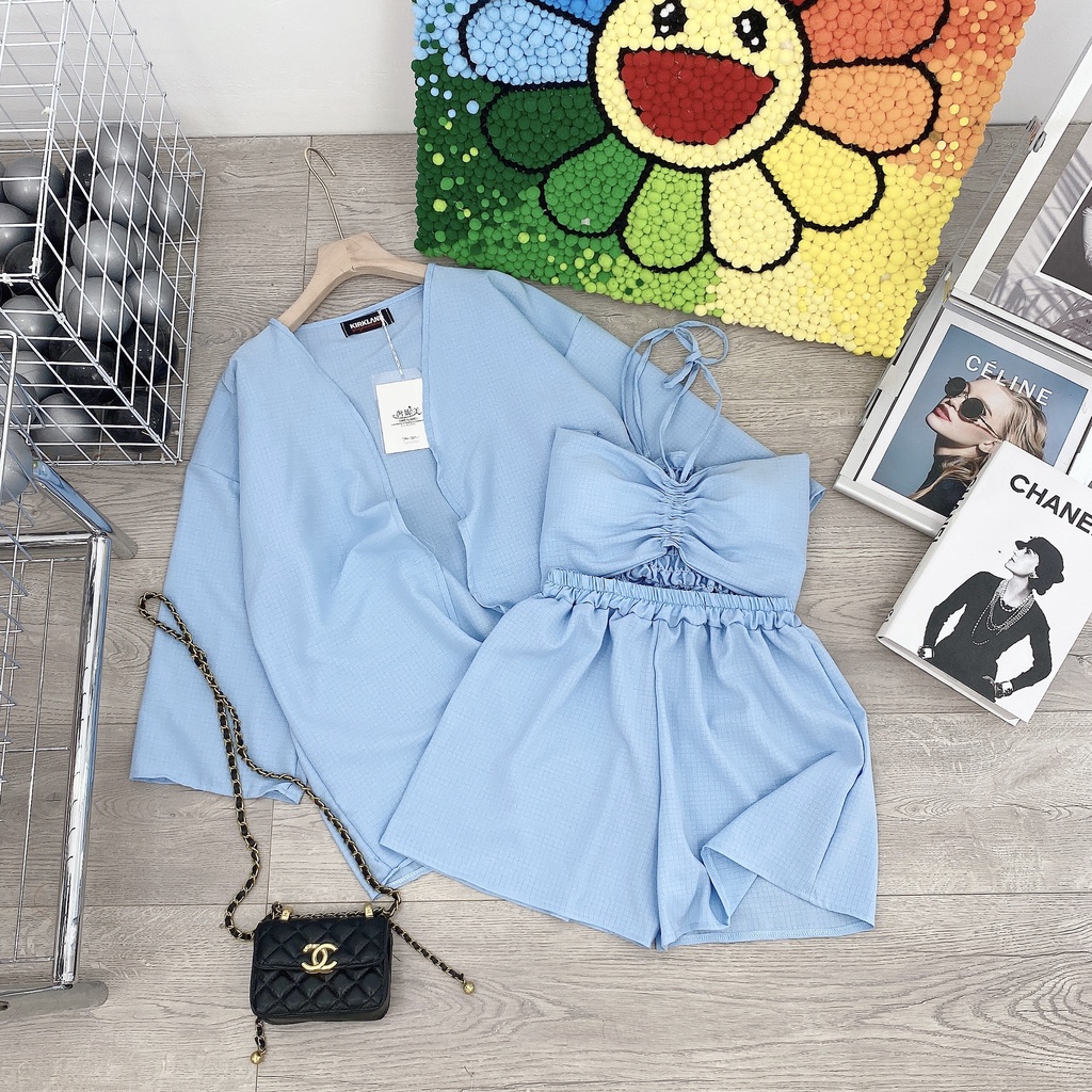 Set 3 món đi biển xanh áo sơ mi kèm bra quần short đùi BN844