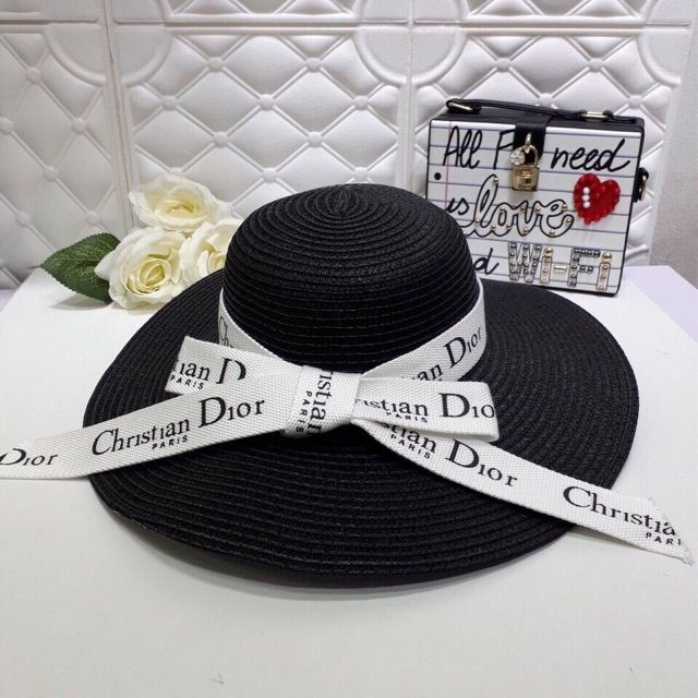 Mũ cói đi biển vành rộng dây nơ Dio trắng siêu sang