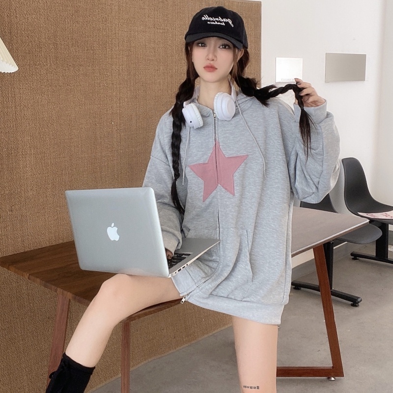 ZHELIHANGFEI Áo Khoác Hoodie Tay Dài Có Khóa Kéo Đôi Phong Cách Preppy Mỹ