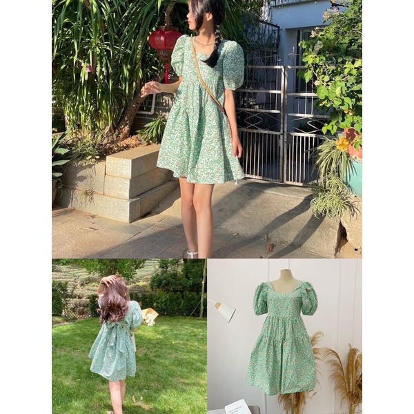 Váy hoa xanh cổ vuông tay bồng có nơ sau