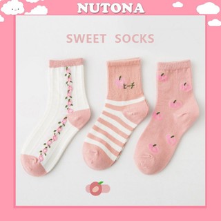 Tất nữ cổ cao Nutona vớ cotton họa tiết hình quả đào hồng vintage TN96