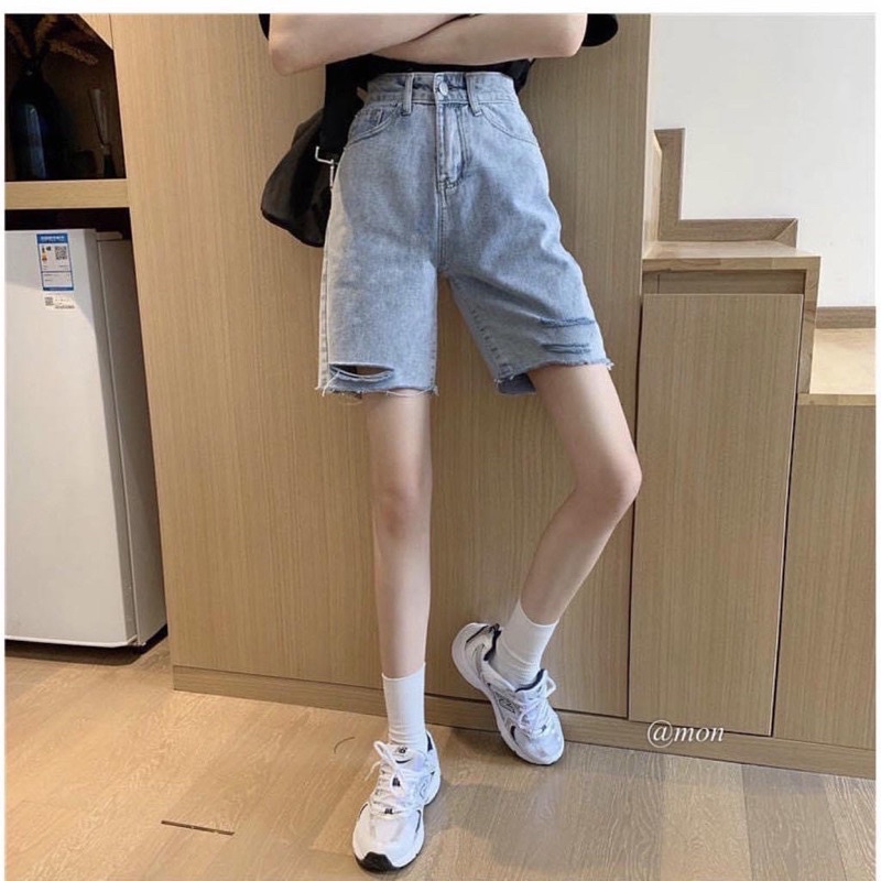 Quần short nữ cạp cao rách ngang đùi hack dáng