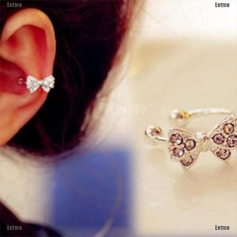 (Eetmo)Fashion Crystal Bowknot Ear Cuff Silver Plated Ear Bone Clip Rhinestone Earring