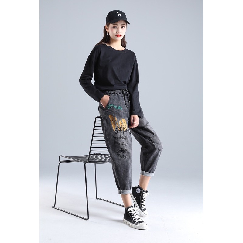 quần jean baggy big size wash lưng thun thêu chữ size đại 70-100kg