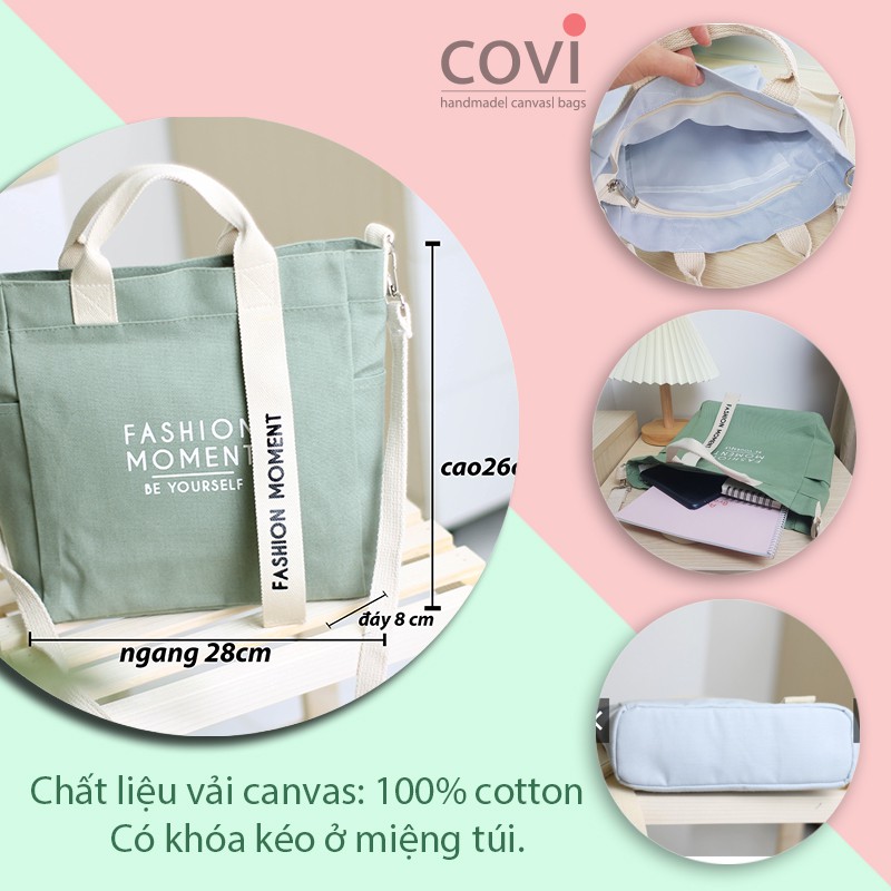 Túi vải Hàn Quốc, túi đeo chéo vải canvas phối chữ fashion moment thời trang Covi nhiều màu sắc T11