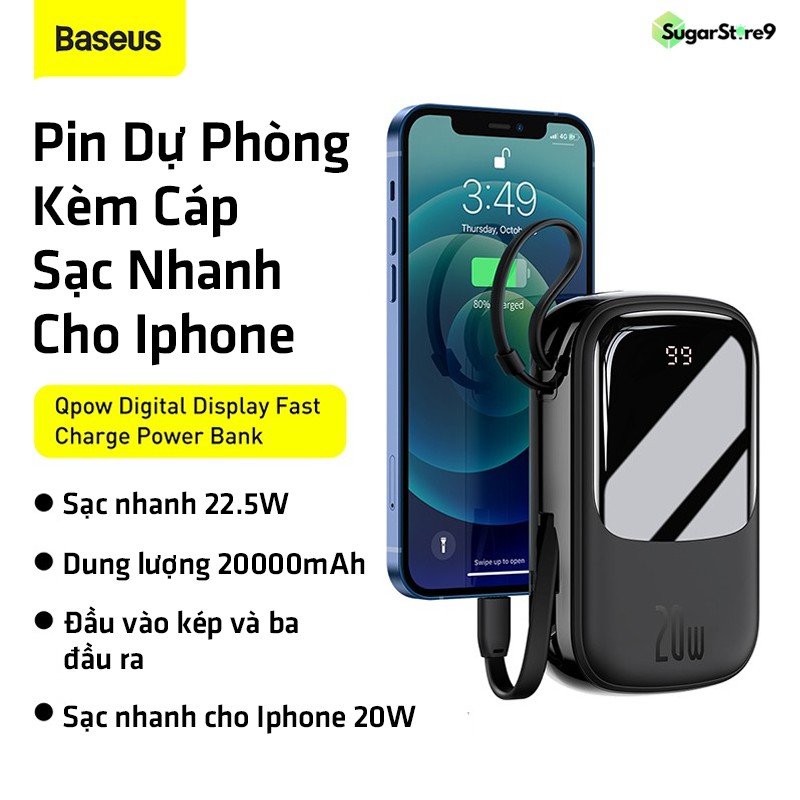 Pin Dự Phòng - Sạc Dự Phòng Baseus Mini 20W-20000mAh Tích Hợp Cáp Sạc Lightning, Màn Hình LED Cho Iphone