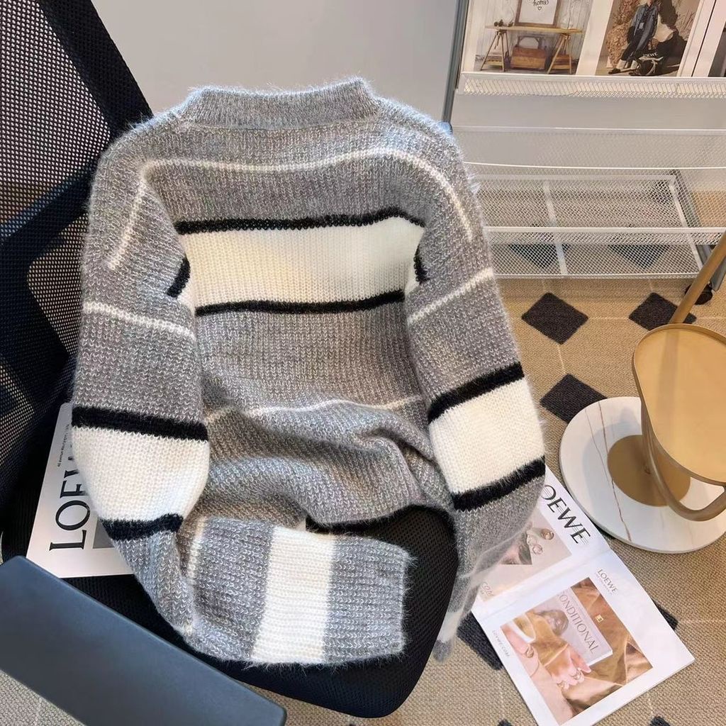 Áo Len Ngắn Dáng Rộng Họa Tiết Kẻ Sọc Màu Sắc Tương Phản Thời Trang Thu Đông Phong Cách Hàn Quốc Cho Nữ