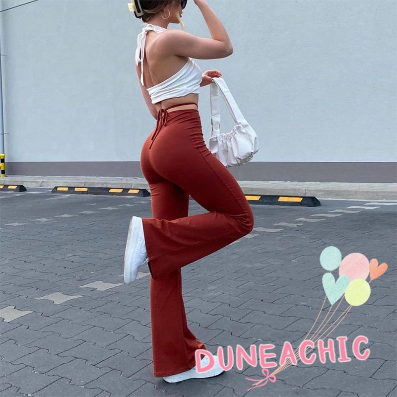 DUNEA Quần Ống Loe Lưng Cao Màu Trơn Thời Trang Cho Nữ