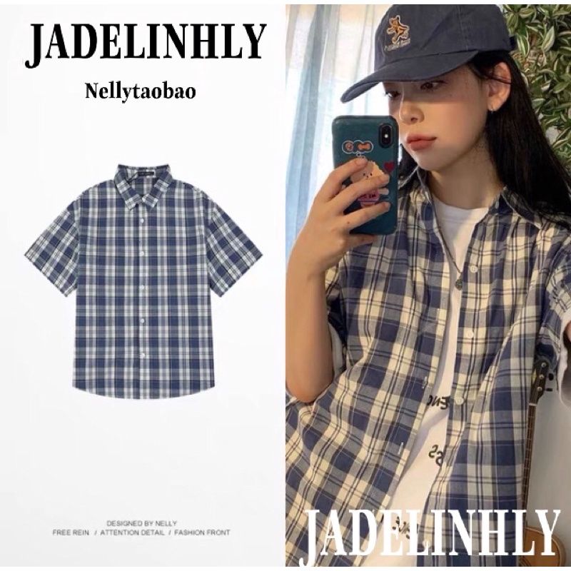Áo sơ mi nelly sale (có sẵn) caro xanh đậm trắng đan xen