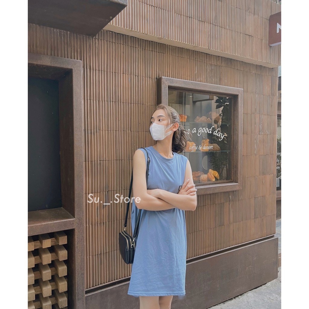 Váy tanktop trơn basic logo bò sữa kèm bra ♥ đầm suông sát nách năng động ♥ | BigBuy360 - bigbuy360.vn