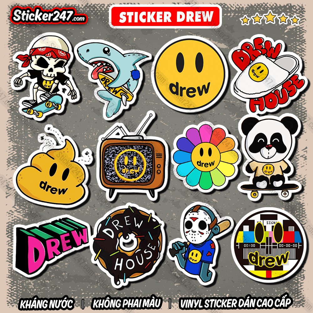 Sticker Drew 𝑭𝒓𝒆𝒆𝒔𝒉𝒊𝒑 Sticker Dán Mũ Bảo Hiểm, Dán Vali, Đàn Guitar - Hình Dán Chống Thấm Nước - Cắt Sẵn