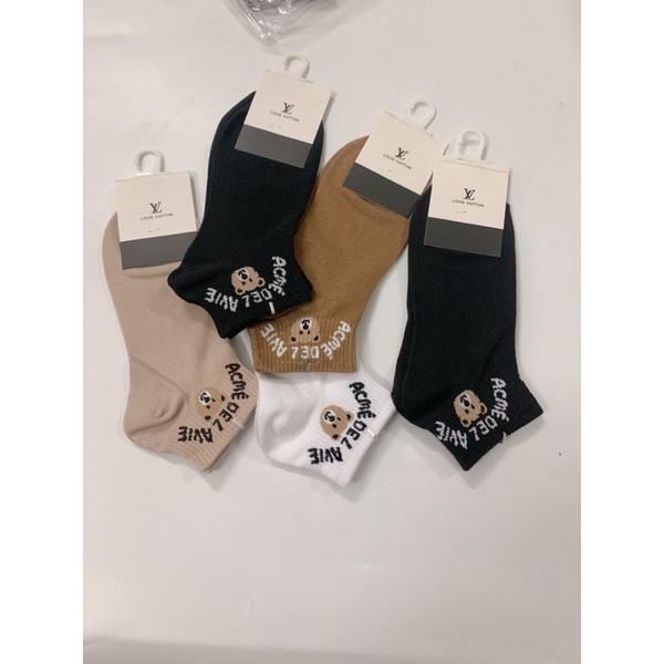 (sét 5 đôi) Tất nữ ngắn cổ phong cách thể thao trẻ trung, hoạ tiết gấu và lv, chất cotton mịn.