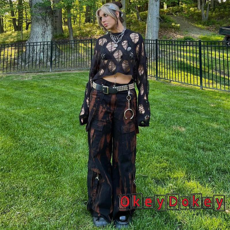 Áo Thun Cổ Tròn Khoét Lỗ Y2K Màu Đen Gợi Cảm Cho Nữ