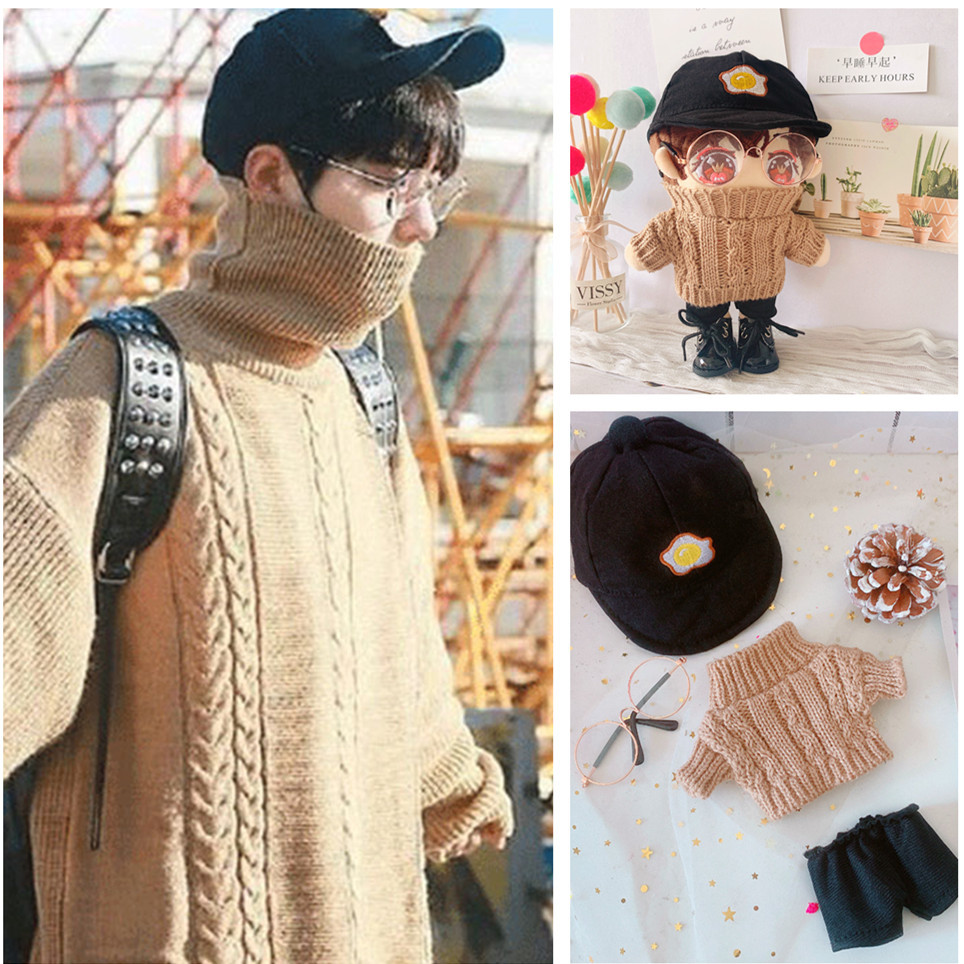 Bộ đồ áo cổ cao + quần + mũ lưỡi trai vải cotton cho búp bê 20cm