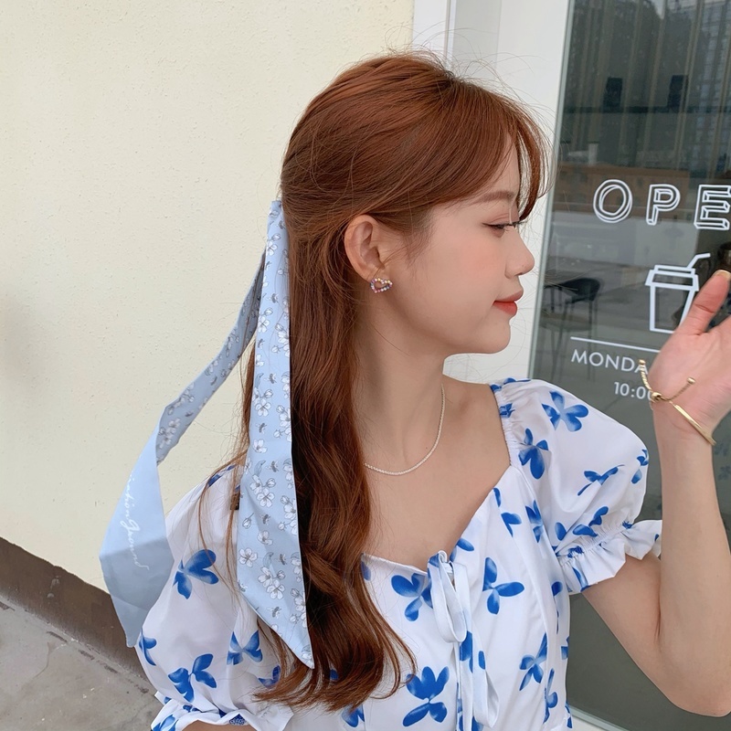 Dây cột tóc vải lụa thắt nơ in họa tiết thời trang cho nữ