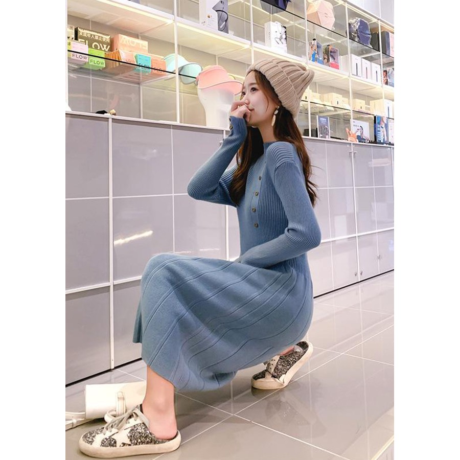 Váy Đầm Len Dáng Xèo Đính Nút Xinh Xắn, Kiểu Đầm Len Nữ Đẹp Cách Điệu- THỜI TRANG LEN THU ĐÔNG NỮ  DL2061