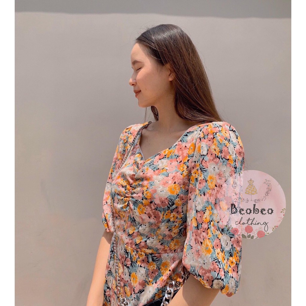 Đầm voan hoa chân bèo tay bo phồng thắt nơ vintage