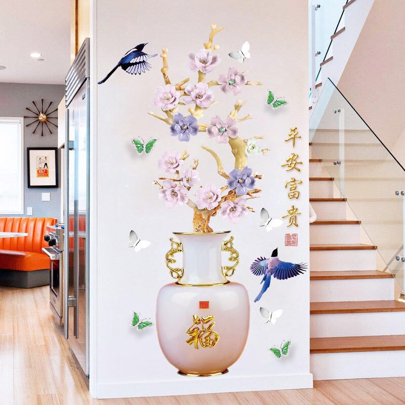 Decal dán tường , Tranh dán tường bình hoa tím siêu đẹp, sẵn keo dán.