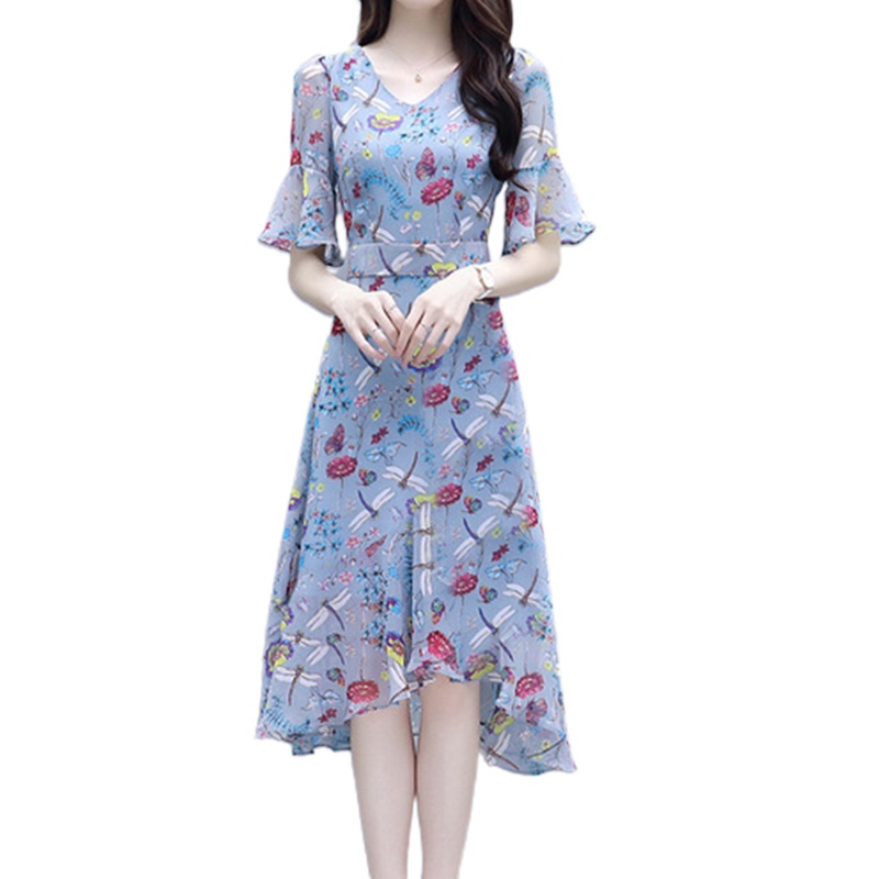 Đầm Midi Dáng Chữ A Tay Loe Cổ Chữ V In Họa Tiết Hoa Thời Trang Xinh Xắn Cho Nữ