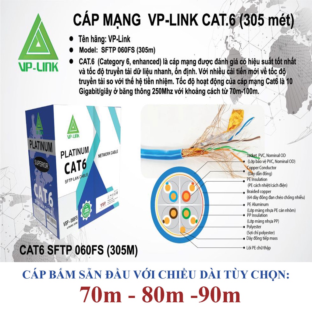 70m 80m 90m Dây Mạng VP-Link Cat6 SFTP bấm sẵn 2 đầu - dùng được ngoài trời - cáp lan, dây lan, dây mạng