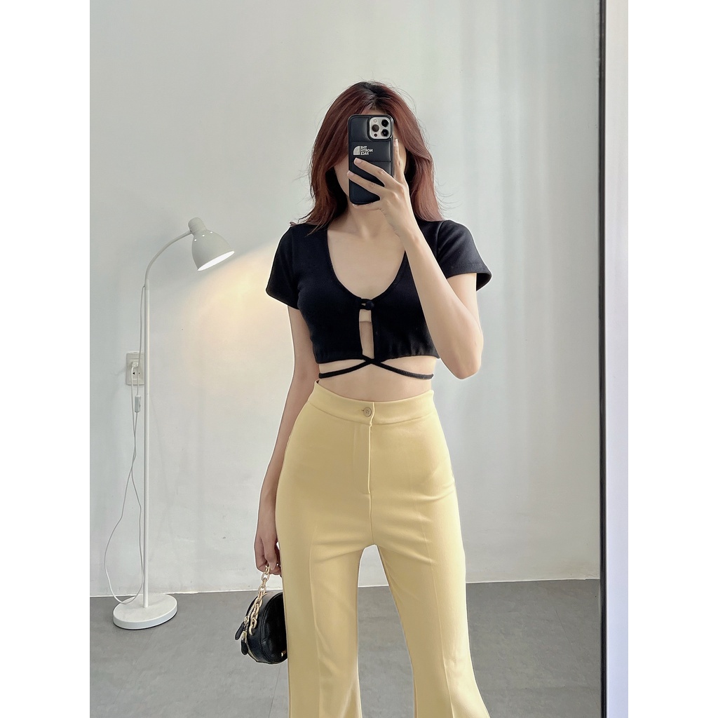 Áo croptop nữ cổ tim thắt eo tay ngắn trơn chất liệu thun gân co giãn I HHVINTAGE