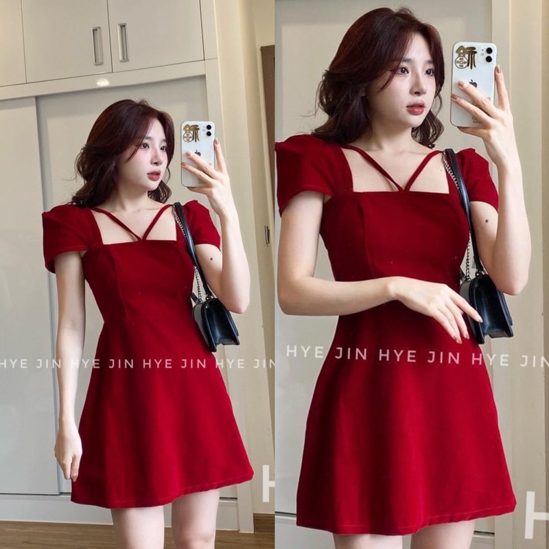 Váy nhung cứng tay hến dây ngực dáng ngắn Có Mút (hình thật) Đầm nhung sang chảnh Đen Đỏ