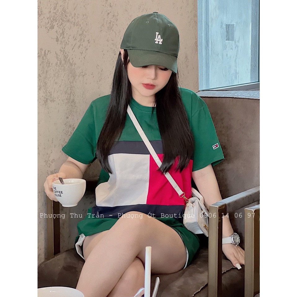 Áo phông xanh phối vải màu đỏ trắng, áo thun tay lỡ form unisex