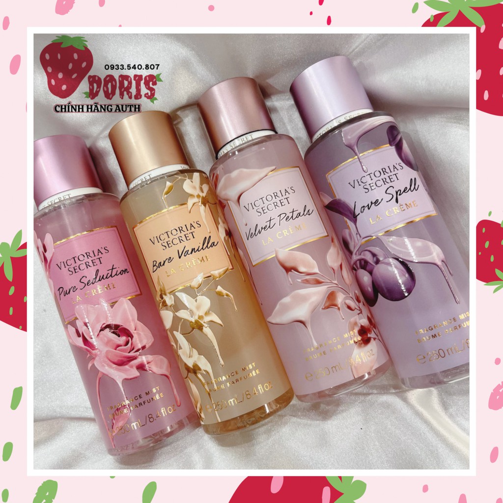Bare Vanilla/Love Spell/Pure Seduction/Velvet Petals-La Creme xịt toàn thân Victoria Secret chính hãng