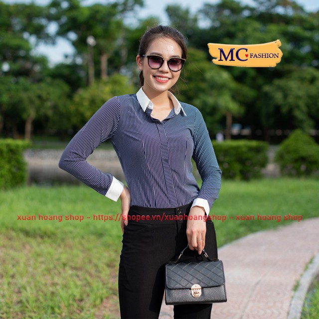 Áo Sơ Mi Nữ Đẹp Kiểu Công Sở Kẻ Sọc Dài Tay Mc Fashion, Trắng, Xanh Đen Tím Than, Đỏ, Size Đủ, Chất Vải Co Giãn Mát A629