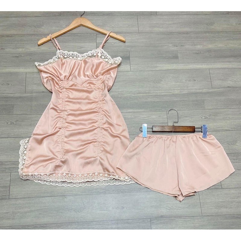 Đầm Ngủ 2 Dây Satin Phối Ren