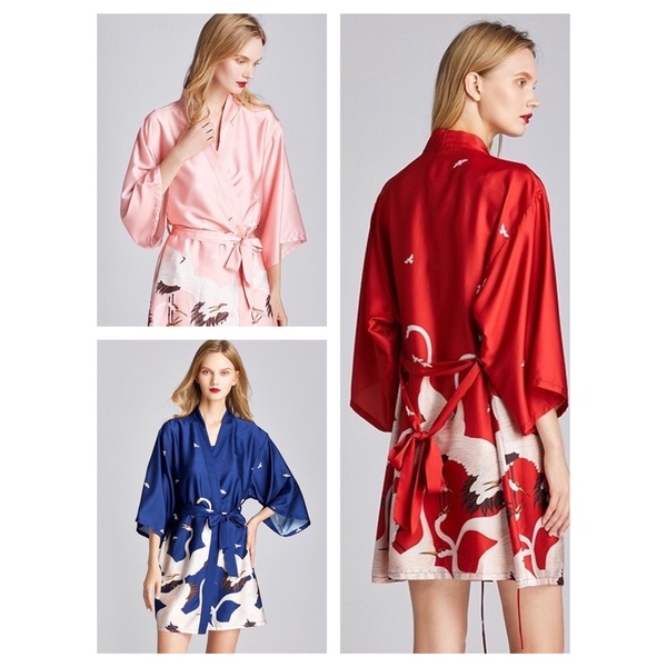 Áo choàng ngủ (ko kèm váy) lụa satin cao cấp áo choàng kimono sang trọng phong cách Nhật hình chim hạc flamingo sang trọ