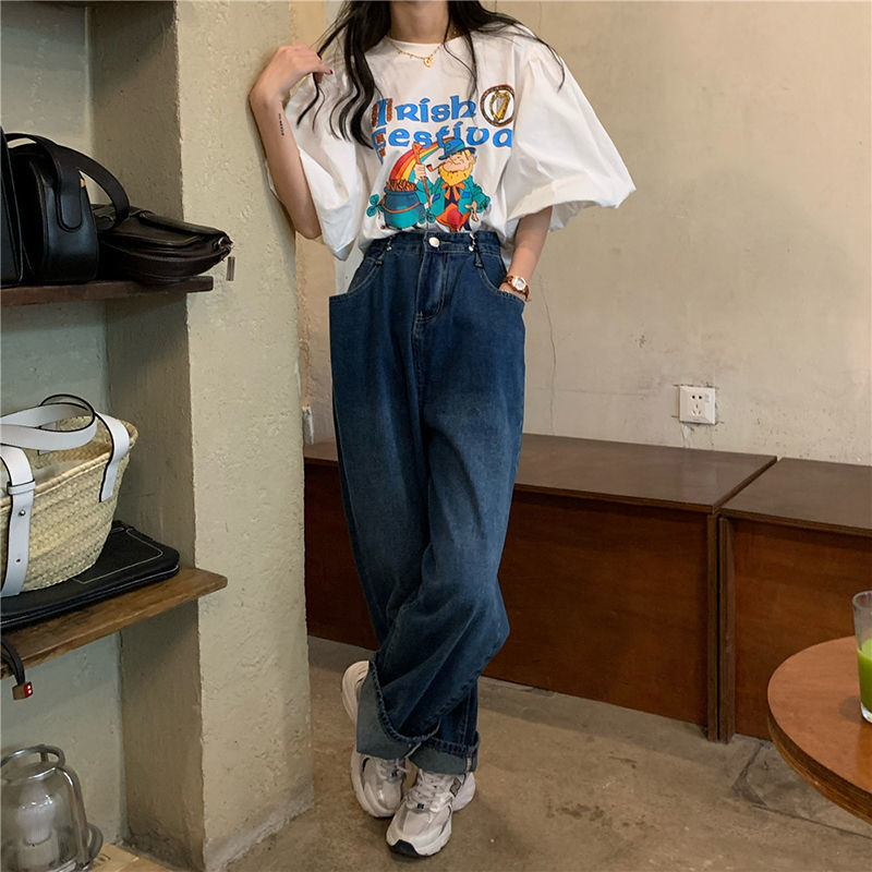 Áo thun tay phồng ngắn dáng rộng in hoạt hình kiểu Hàn Quốc thời trang mùa hè