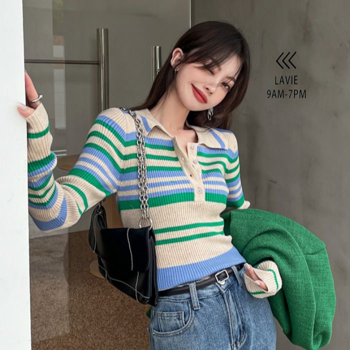 Áo Thun POLO Dài Tay Họa Tiết Sọc Ngang Thời Trang Dành Cho Nữ