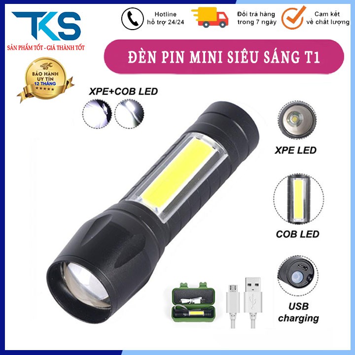 Đèn pin mini siêu sáng T1 3 chế độ sáng, chống nước, Đèn cầm tay mini tiện dụng