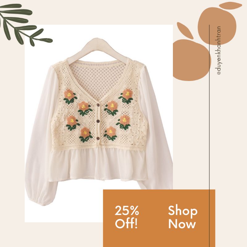 Áo babydoll len đan retro hoạ tiết 🍓ẢNH THẬT CUỐI - Chất liệu mát mẻ kết hợp vải voan và len đan Hàn Quốc
